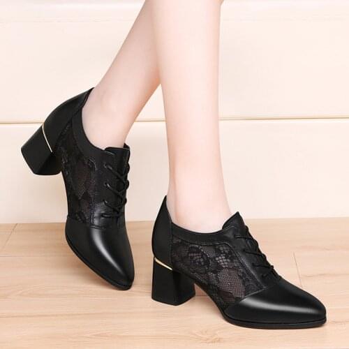 Leather shoes womens new coarse shoes in spring and summer 2021 leather shoes womens shoes pointed deep heels mesh
