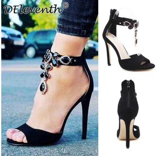 Sandalias Womens Sandals Ladies Pumps Fashion Peep Toe Flock 11.5CM Thin High heels Buckle Strap Rhinestones women shoes black