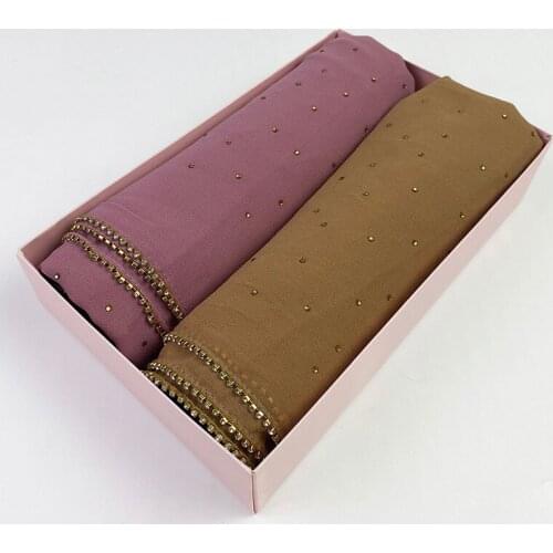 Women Plain Bubble Chiffon Scarf Wrap Shinny Cup Chain With Rhinestones Shawl Headband Muslim Hijabs with Box Foulard Femme