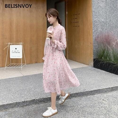 Autumn OL Bow Collar Belt Pink Dresses Summer Tunic Vintage Chiffon Streetwear Womens Lovely Popular Ins Elegant Chic Vestidos