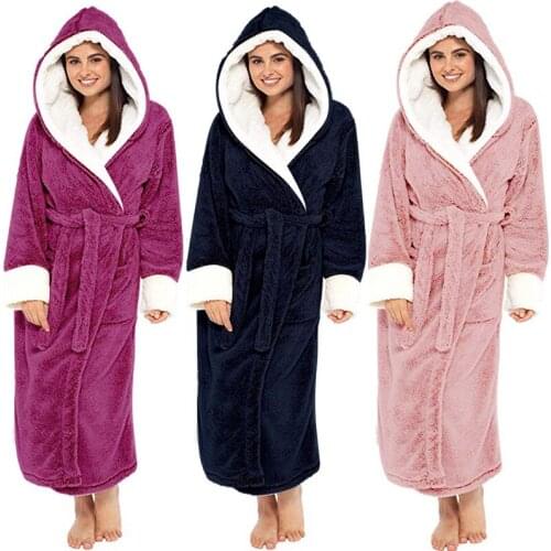 Winter Coral Fleece Womens Pajamas Nightgown Robe Warm Hooded Flannel Ladies Long Bathrobe Sleepwear Kimono Pijamas Home Clothes