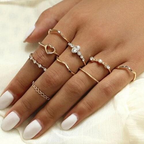 9pcs/set Bohemian Vintage Heart Pearl Gold Crescent Geometric Joint Ring Set for Women Crystal Ring Party Wedding Jewelry Gift