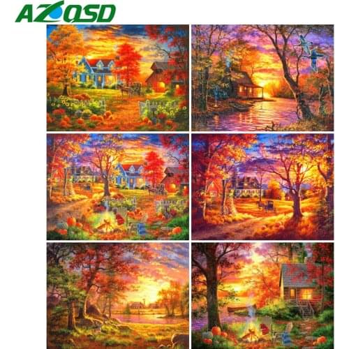 AZQSD Diamond Painting House Tree Cross Stitch Full Square Rhinestones Diamond Embroidery Landscape Mosaic Decoration Home Gift
