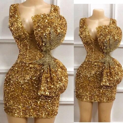 Sparkle Gold Cocktail Dresses Woman Party Night Sequined Sexy V Neck vestidos formales Short Prom Gowns vestidos de fiesta