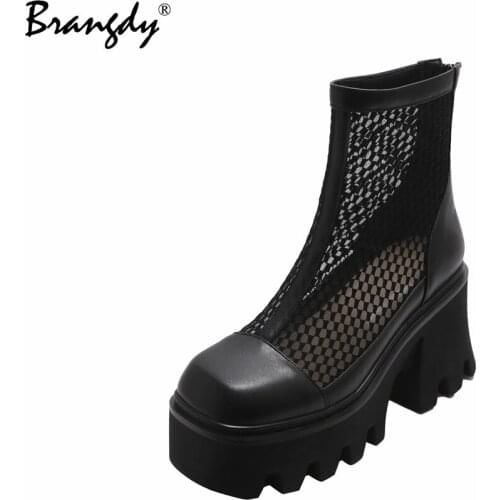 Brangdy Hollow Women Ankle Boots Genuine Leather Square Toe Chunky Heels Mesh Womens Goth Shoes Zipper Women Sandals Size 34-41