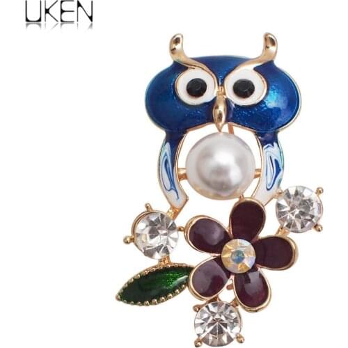UKEN Fashion Cute Animal Owl Brooches Rhinestone Crystal Flower Bird Brooch For Women Imitation Pearl Shirt Pin Party Jewel