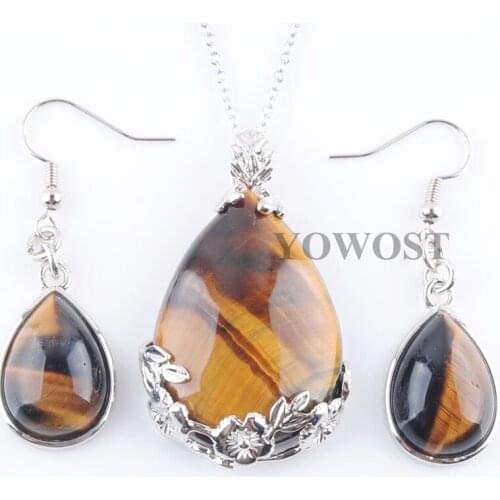 Women Gift Jewelry Set Tigers Eye Natural Stone Beads Teardrop Reiki Chakra Earrings Pendant & Necklace Chain QQ3068