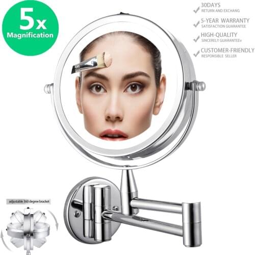 LED Double-Sided Magnifying Makeup Mirror, 6.0"15cm Diameter 1X/5X Adjustable Wall Mounted 360 Rotating Extendable Swivel Mirror