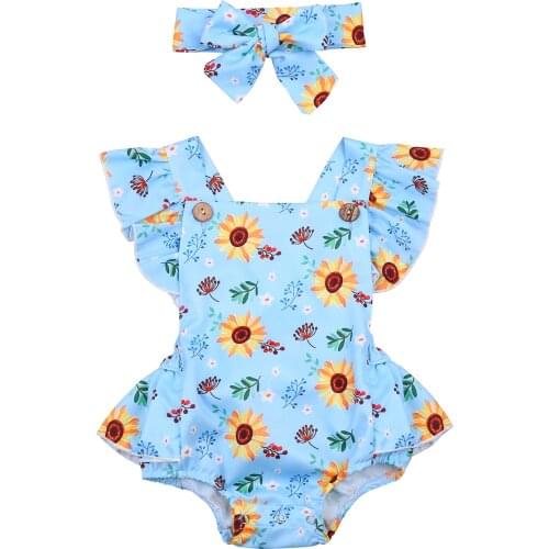 FOCUSNORM Summer Baby Girls Bodysuits Sunflowers Print Ruffles Short Sleeve Backless Jumpsuits Headband 0-24M