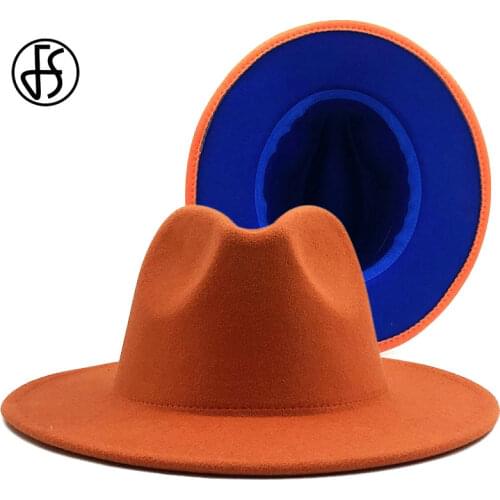 FS 2020 New Unisex Orange Blue Patchwork Felt Jazz Hat Cap Men Women Flat Wide Brim Wool Fedora Hats Panama Trilby Vintage Hat