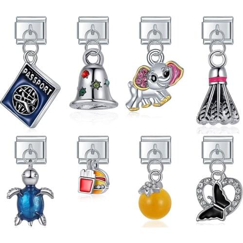 Hapiship 2021 Original Daisy Bell Blue Turtle Beads Italian Link Charm Fit 9mm Bracelet Stainless Steel Jewelry DIY Making DJ317