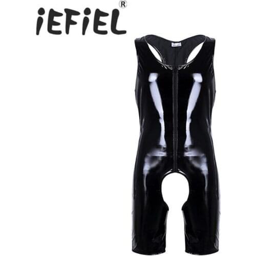 IEFiEL Mens Wetlook Patent Leather One-piece Sleeveless Front Zipper Crotchless Singlet Boxer Briefs Bodysuit Nightclub Clothes
