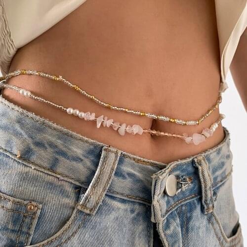 Ingemark 2021 Double Layered Seed Bead Belly Waist Chains for Women Sexy Bikini Handmade Elasticity Chain Waistband Boho Jewelry