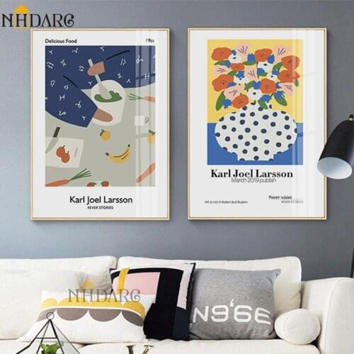 NHDARC Blue Illustration Flower Canvas Print Painting Poster Art Wall Pictures for Living Room Hallway Corridor Home Decor