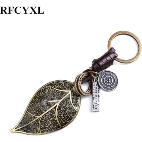 Beautiful Brass leaf suspension pendant leather Key Chains Rings Metal Holder For Car Keyrings KeyChains For Man Women Gift