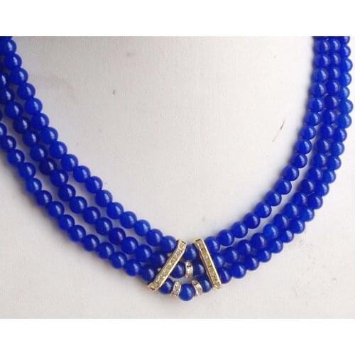 3Rows 6mm Blue sapphires Round sbeadses Necklace earring gift shipping free