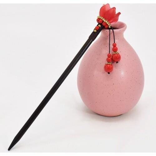 Fashion Antique Red Flower Glass Pendant Wooden Hairpin Kimono Retro One-Word Hairpin Costume Headdress Accessories Wholesale