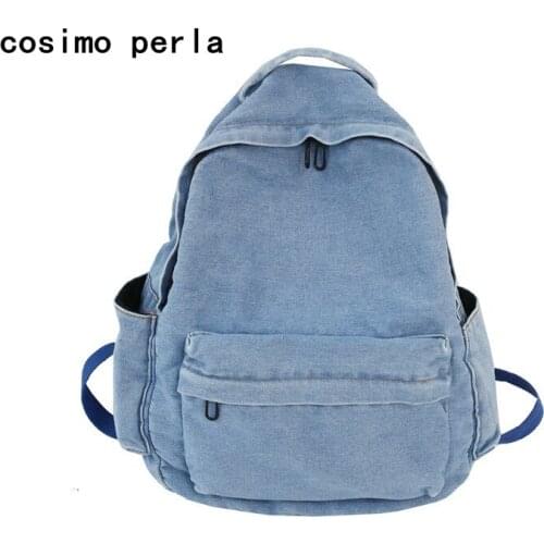Fashion Casual INS Denim Backpacks for Women Classic Jeans Unisex Large Capacity Schoolbag Washed Blue Travel Cool Daypack