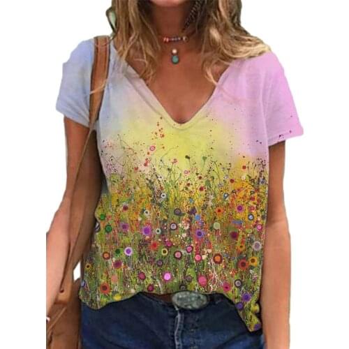 New Print V Neck Short Sleeve Tee Shirt Tops Women Summer Casual Loose Fashion Vintage Beach Tshirt Clothes Plus Size