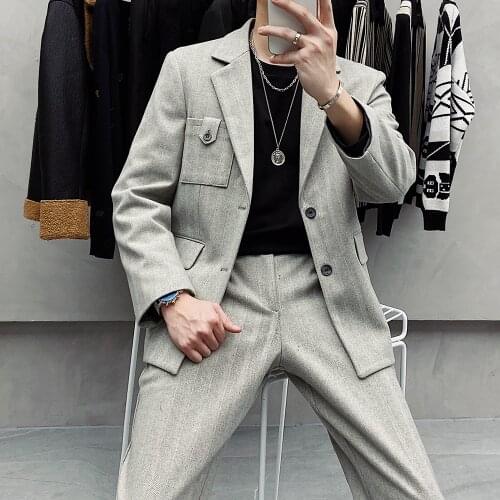 Autumn Winter Two-piece Suit Mens Woolen Striped Slim Fit Wedding Suits for Men Groom Tuxedos Korean Casual Suit Costume Homme