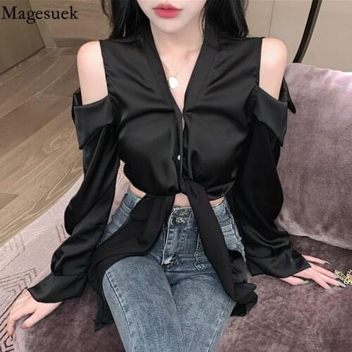 Sexy Fashion Off-shoulder Chiffon Shirts V Neck Strappy Black Women Blouse Long Sleeve Chic Slim Bandage Short Tops Blusas 16092