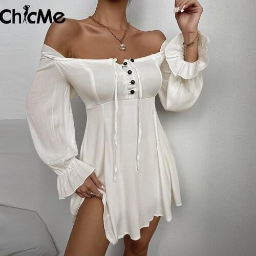 Chicme Summer and Autumn Off Shoulder Button Design Lantern Sleeve Dress Women Sexy Long Sleeve A Line Vestidos Elegant Mini