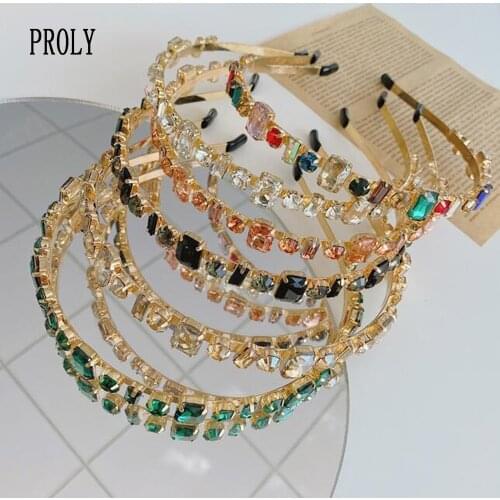PROLY New Fashion Women Headband Baroque Full Diamond Alloy Thin Side Hairband Top Quality Handmade Hair Accessories Turban