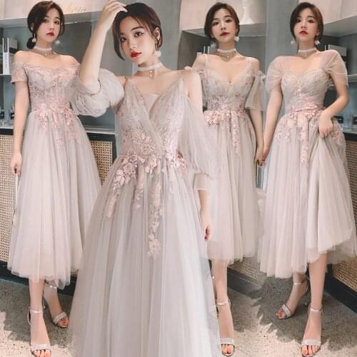 Gray Luxury Bridesmaid Dress V-Neck Tulle Illusion Embroidery Beading Off The Shoulder Elegant Women Party Wedding Dresses E015