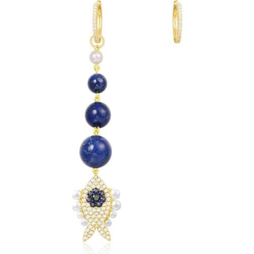 925 Sterling Silver Asymmetric Yellow Gold Color Lucky Eye Navy Blue Fish Earrings with Pearl Stones Women Fine Jewelry