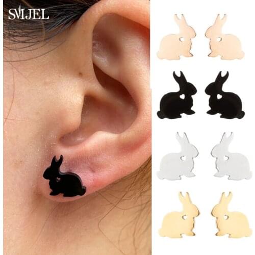 New 2021 Stainless Steel Rabbit Stud Earrings Lovely Cartoon Earrings For Women Girls Fashion Bunny Rabbit Ear Jewelry Wholesale