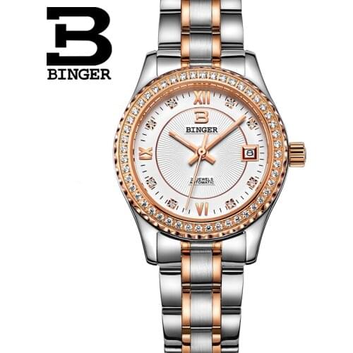 Switzerland Luxury Brand Womens watches BINGER Luminous Auto Mechanical Wristwatches Stainless Steel Waterproof clock B1112