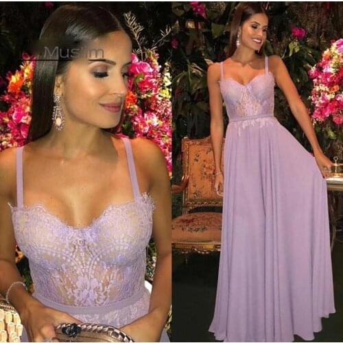 Sexy Lilac See Through Top Evening Dresses With Lace Straps Full Length Chiffon Beach Boho Prom Dress 2021 Cheap Simple Dress