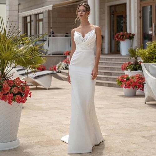 Sexy Wedding Dresses Jersey Appliques Pleat V-Neck Sleeveless Backless Mermaid Bridal Gowns Novia Do 2021 New
