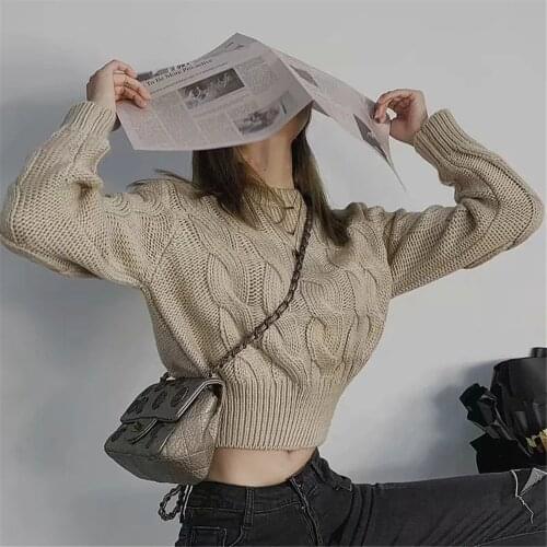 Women Casual Long Sleeve Loose Knitted Twist Sweater Fashion Warm Solid Color Crop Tops Classic Autumn Winter Pullovers 2021