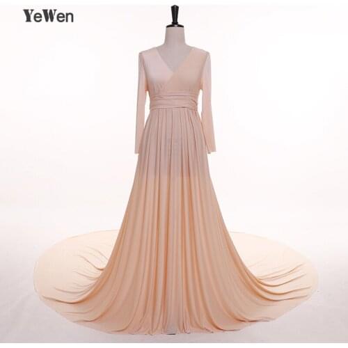 YeWen Knitting Champagne V Neck Watteau Train Maternity Dress Women Pregnant Photography Dresses 2020 Long Sleeves Belt