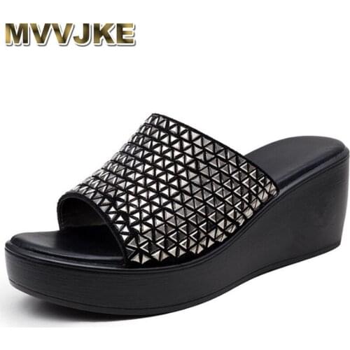 MVVJKE New women wedge slipper new genuine leather sandal top woman non-slip mother slippers size 35-40