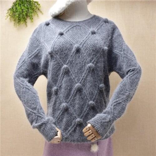 Ladies women fashion grey angora rabbit fur knitted long sleeves woll balls knitwear slim blouses pullover fall winter sweater