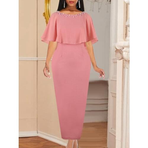 Women Pink Long Dresses Party Beading Cloak Sleeve Elegant Prom Plus Size Bodycon Lady Celebrate Event Occasion Dinner Maxi Gown
