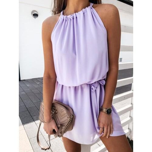 Summer 2021 Women Halter Solid A-Line Dress Casual Lace Up Loose Sleeveless Off Shoulder Waist Lining Holiday Beach Mini Dress