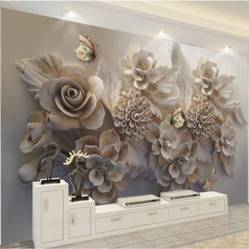 Custom Mural 3D Wallpaper European Aesthetic Three-dimensional Relief 3D Flower Butterfly Living Room Sofa Background Wallpaper