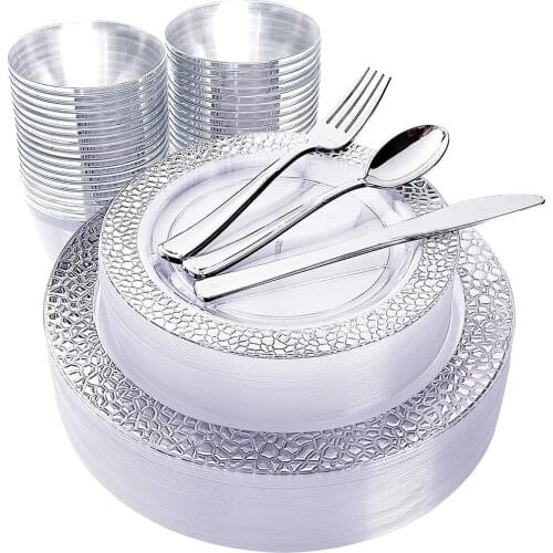 60 Pcs Disposable Tableware 7.5in and 10.25in Silver Lace Plastic Plate Plastic Silverware Plastic Cup Wedding Party Supplies