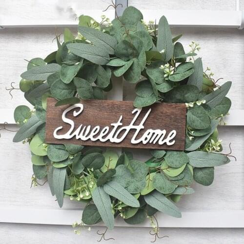 ABZS Home Sweet with Garland Door Decoration Wooden Hanging Sign with Artificial Eucalyptus Farmhouseporch Decoration Wedding