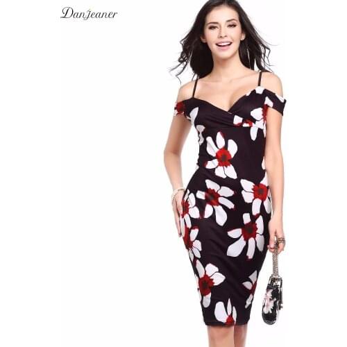 Danjeaner Sexy Strapless High Waist Floral Printed Stretch Pencil Dress Women Elegant Slim Fit Knee-length Party Dress Vestidos