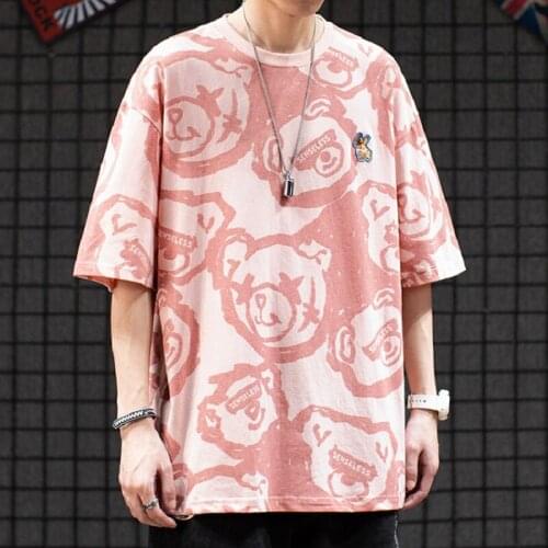 Harajuku Style Bear Full Print Short-sleeved T-shirt Mens Tide Brand Retro Loose Couple Casual T-shirt Womens Graphic T Shirts