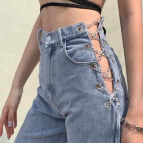 Hirigin Summer Women Punk Club Denim Hollow Chain Pants Capris 2021 Fashion Casual Street Outfits K-POP Style Jeans Trouser