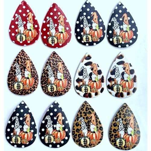 Hot Selling 2 Gnomes Halloween Faux Leather Teardrop Earrings Sequins Imprint Pumpkin Printed Earrings New