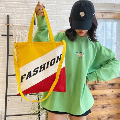 PURFAY Canvas Capacity Women Shoulder Bag Color Block Cotton Tote Shopper Bag Reusable Travelling bag Cloth Messenger Bag