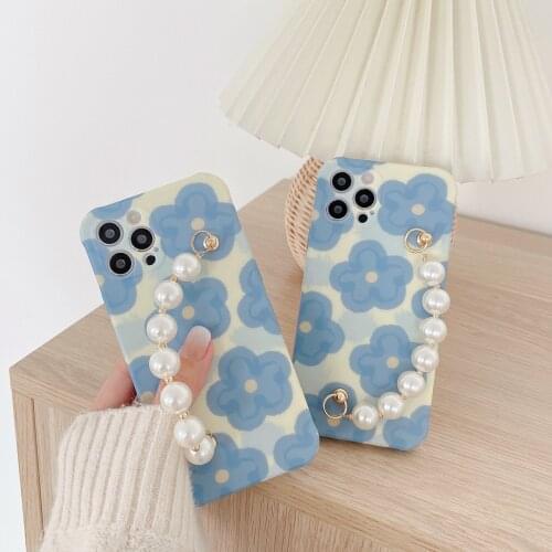 INS Korean style Blue Flower Pearl Bracelet Phone Cases for iphone 12 11 promax X XS XR 7 8 Plus SE2 Chain Wristband Soft Cover