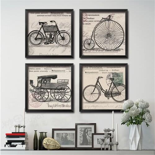 American Country Decoration Painting Vintage Car Bike Wheels Canvas Sofa Wall Frameless Picture Printing Poster Living Room Home