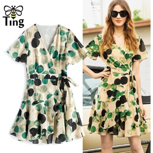 Tingfly Bohemian Polka Dot Chic Print Street Boho Summer Casual Mini Dresses V neck Ruffles Hem Short Dress Soft Gir Vestidos ZA